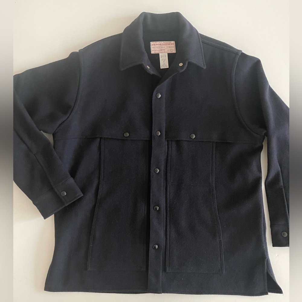 CC Filson Garment Mackinaw Cape Coat Virgin Wool XL Black/Dark Navy